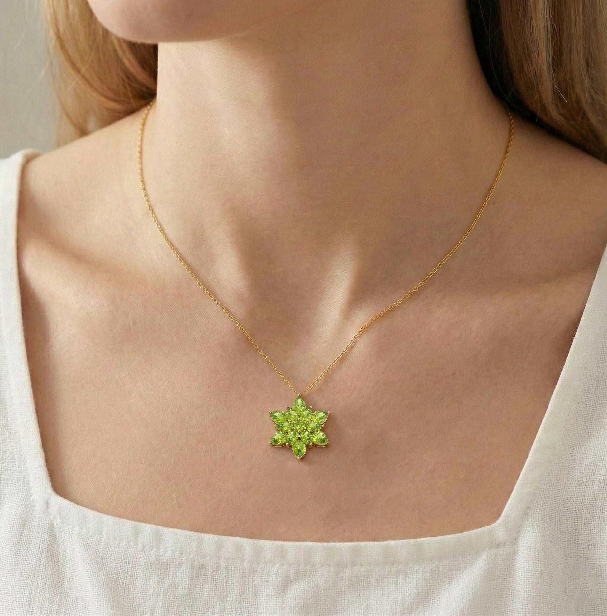 Peridot Pear Floral Pendant Necklace in 925 Sterling Silver 5.70ct
