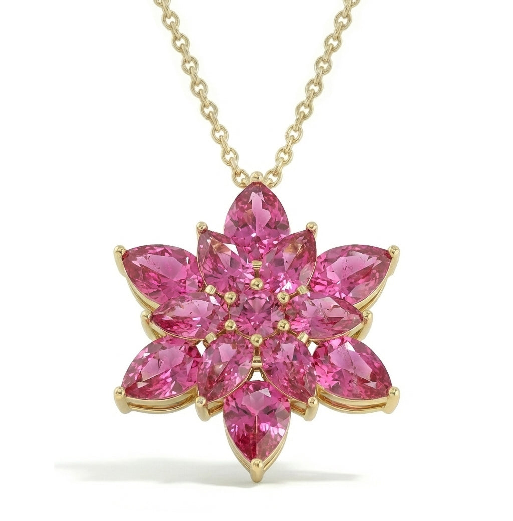 Pink Tourmaline Pear Floral Pendant Necklace in Yellow Gold Plated 5.70ct