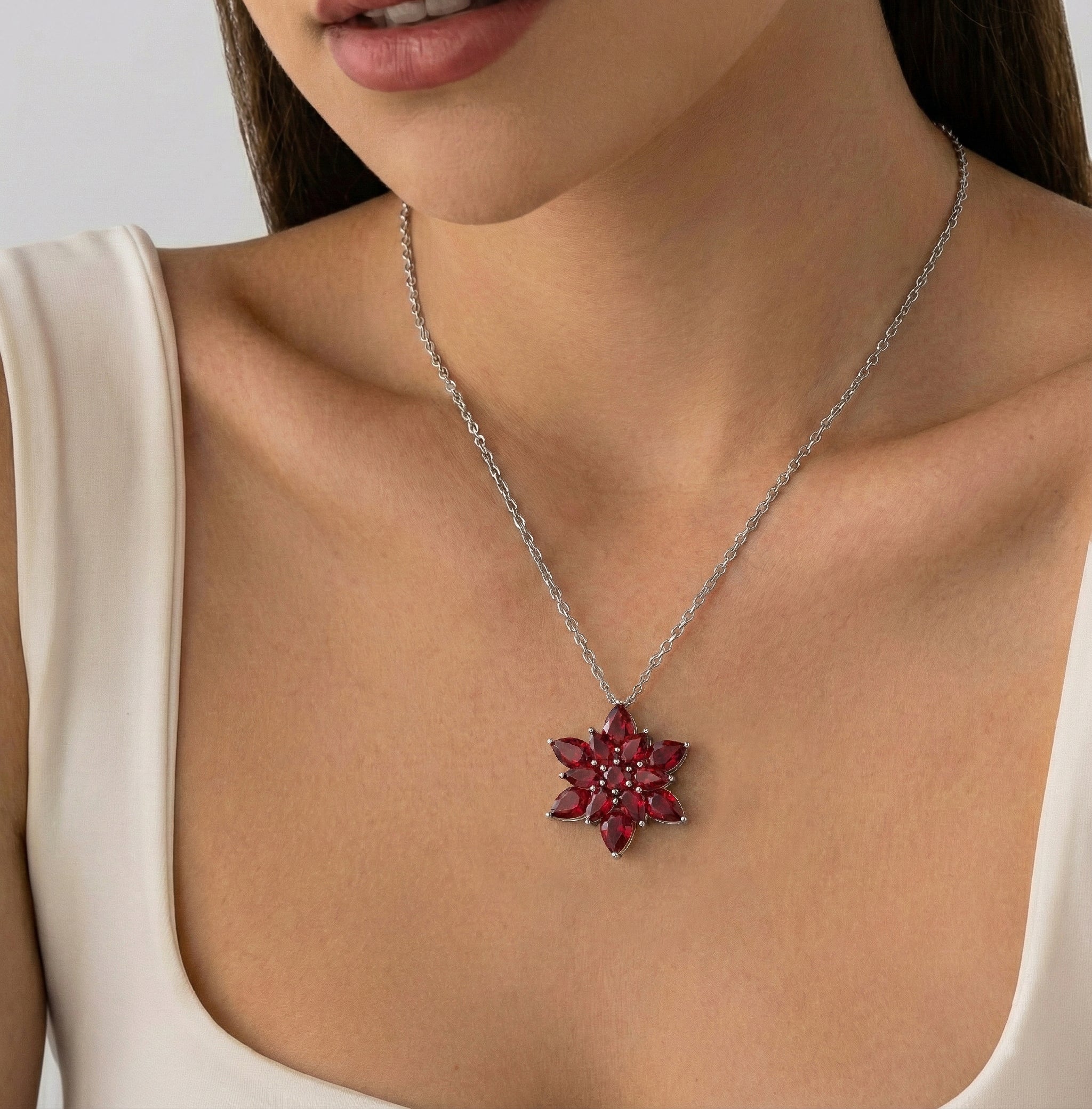 Ruby Pear Floral Pendant Necklace in 925 Sterling Silver 5.70ct

