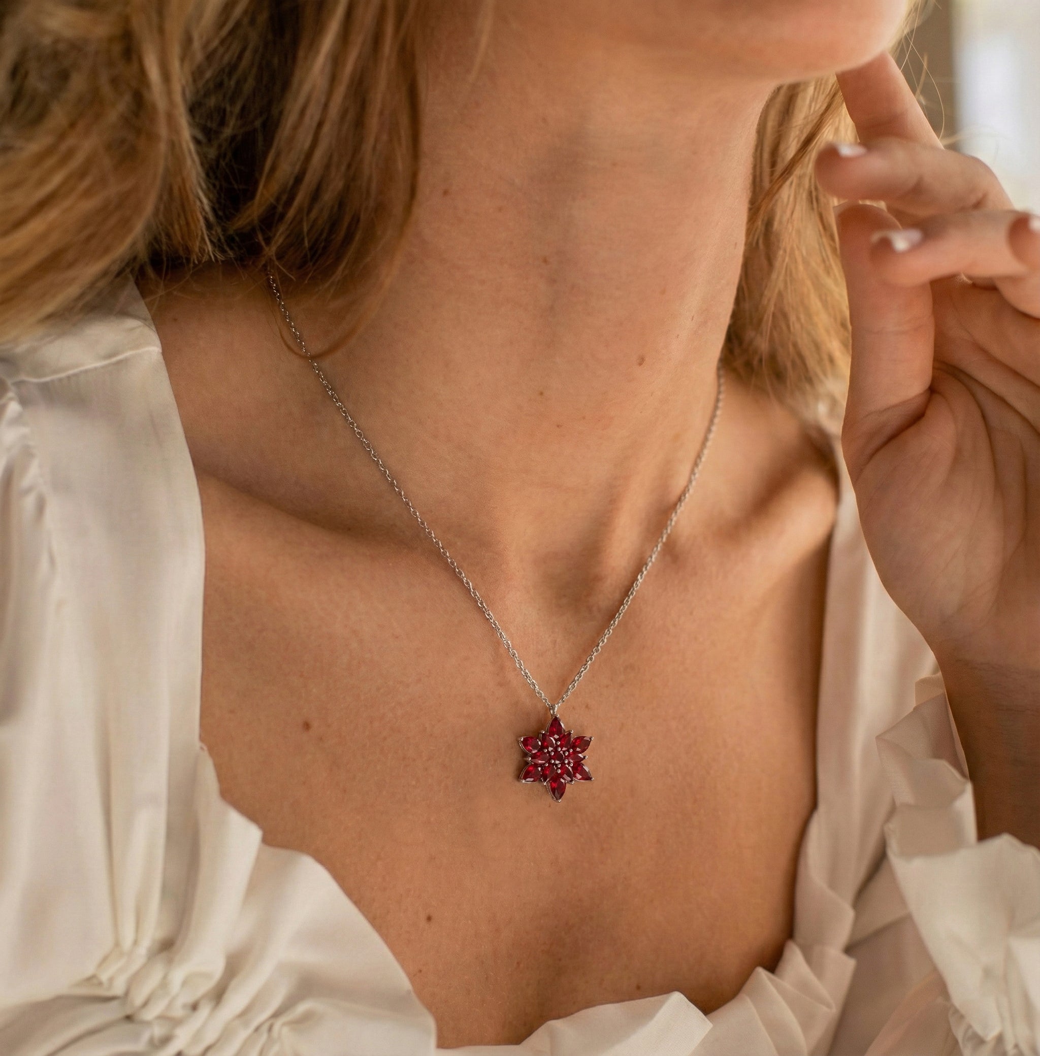 Ruby Pear Floral Pendant Necklace in 925 Sterling Silver 5.70ct
