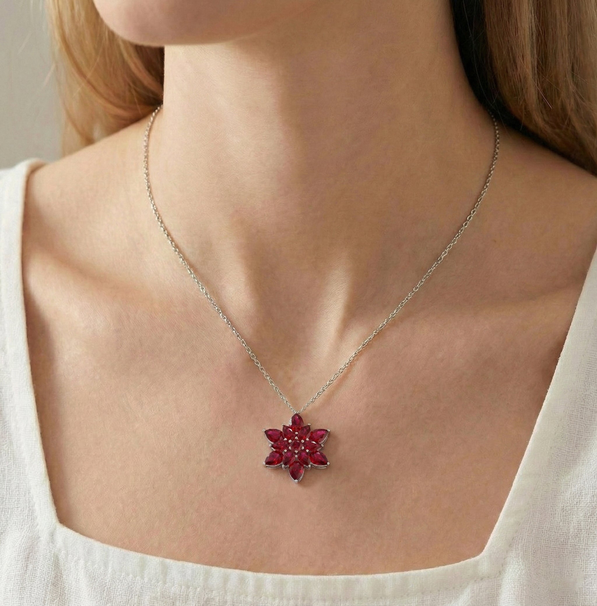Ruby Pear Floral Pendant Necklace in 925 Sterling Silver 5.70ct
