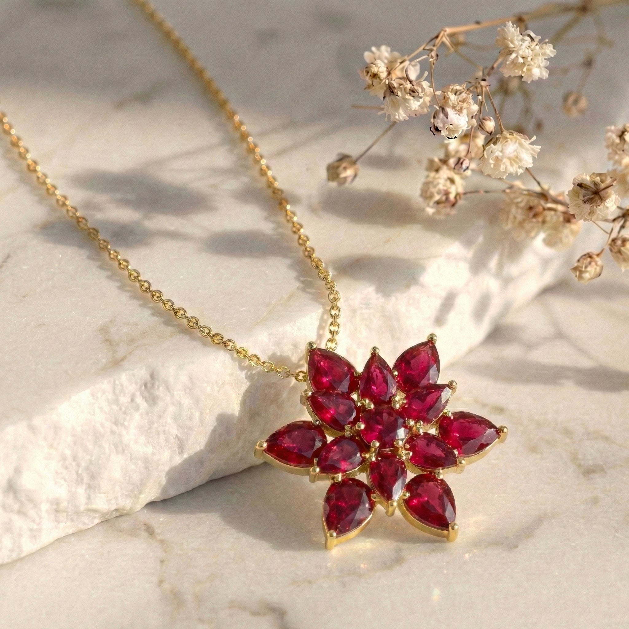 Ruby Pear Floral Pendant Necklace in 925 Sterling Silver 5.70ct
