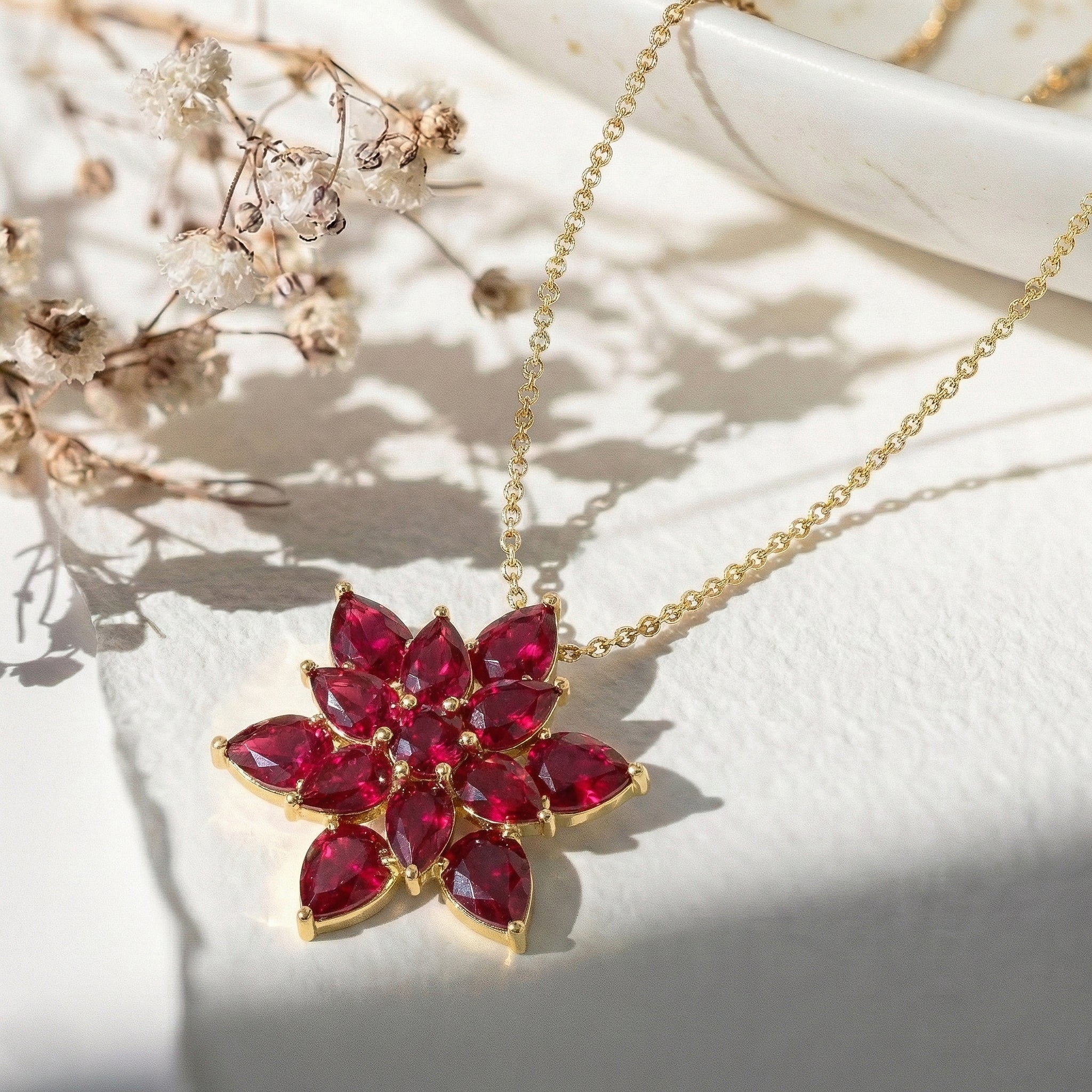 Ruby Pear Floral Pendant Necklace in 925 Sterling Silver 5.70ct
