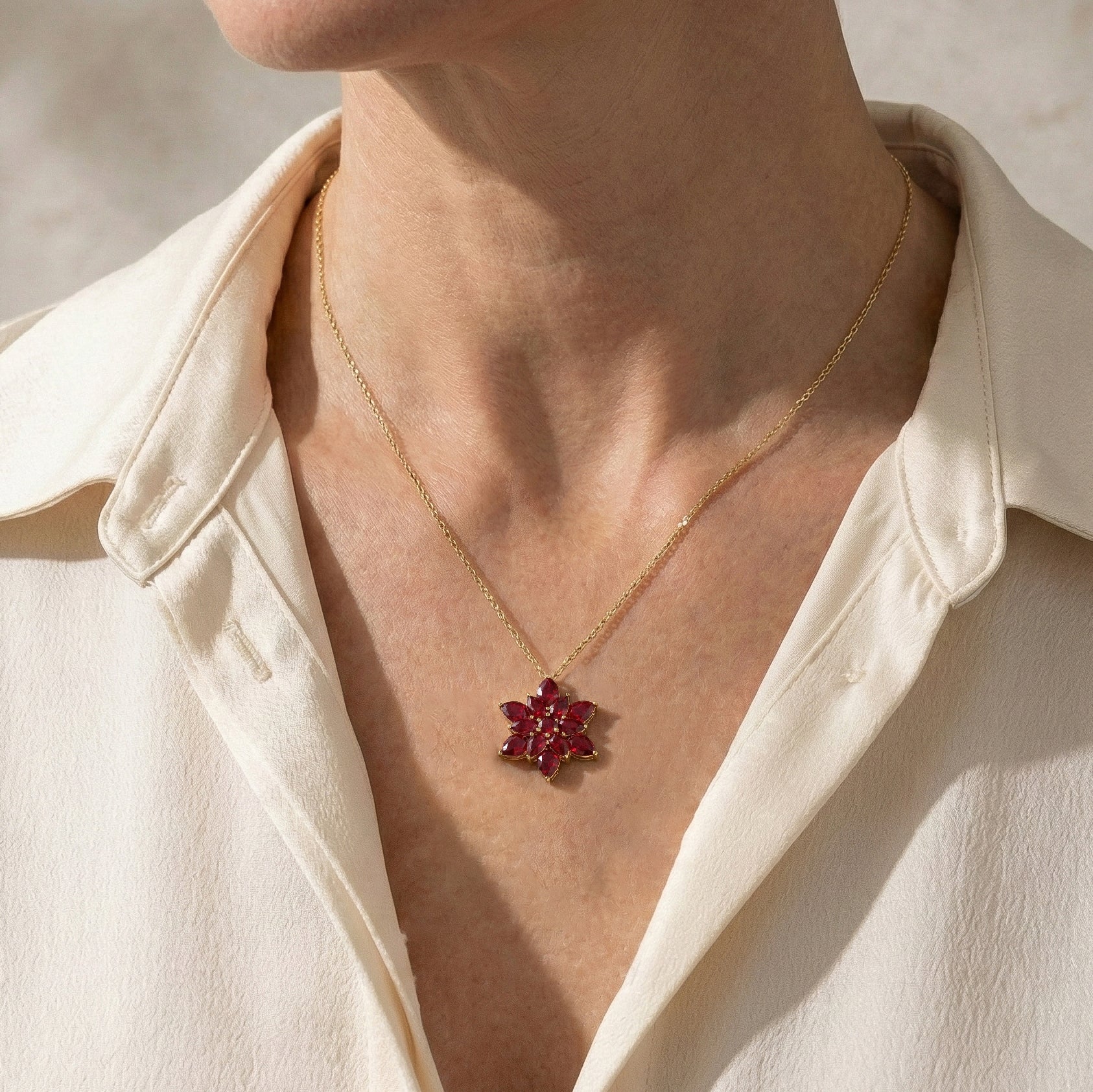 Ruby Pear Floral Pendant Necklace in 925 Sterling Silver 5.70ct
