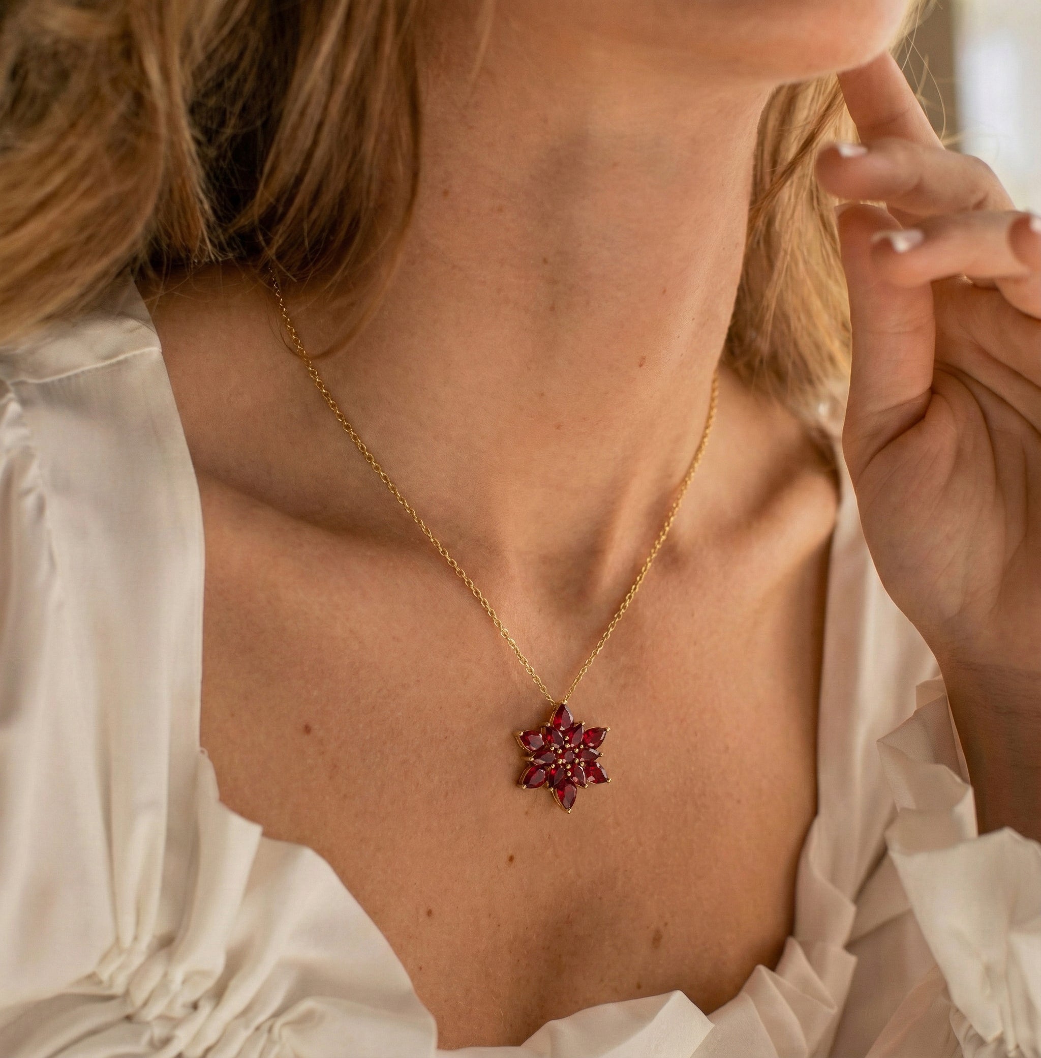 Ruby Pear Floral Pendant Necklace in 925 Sterling Silver 5.70ct
