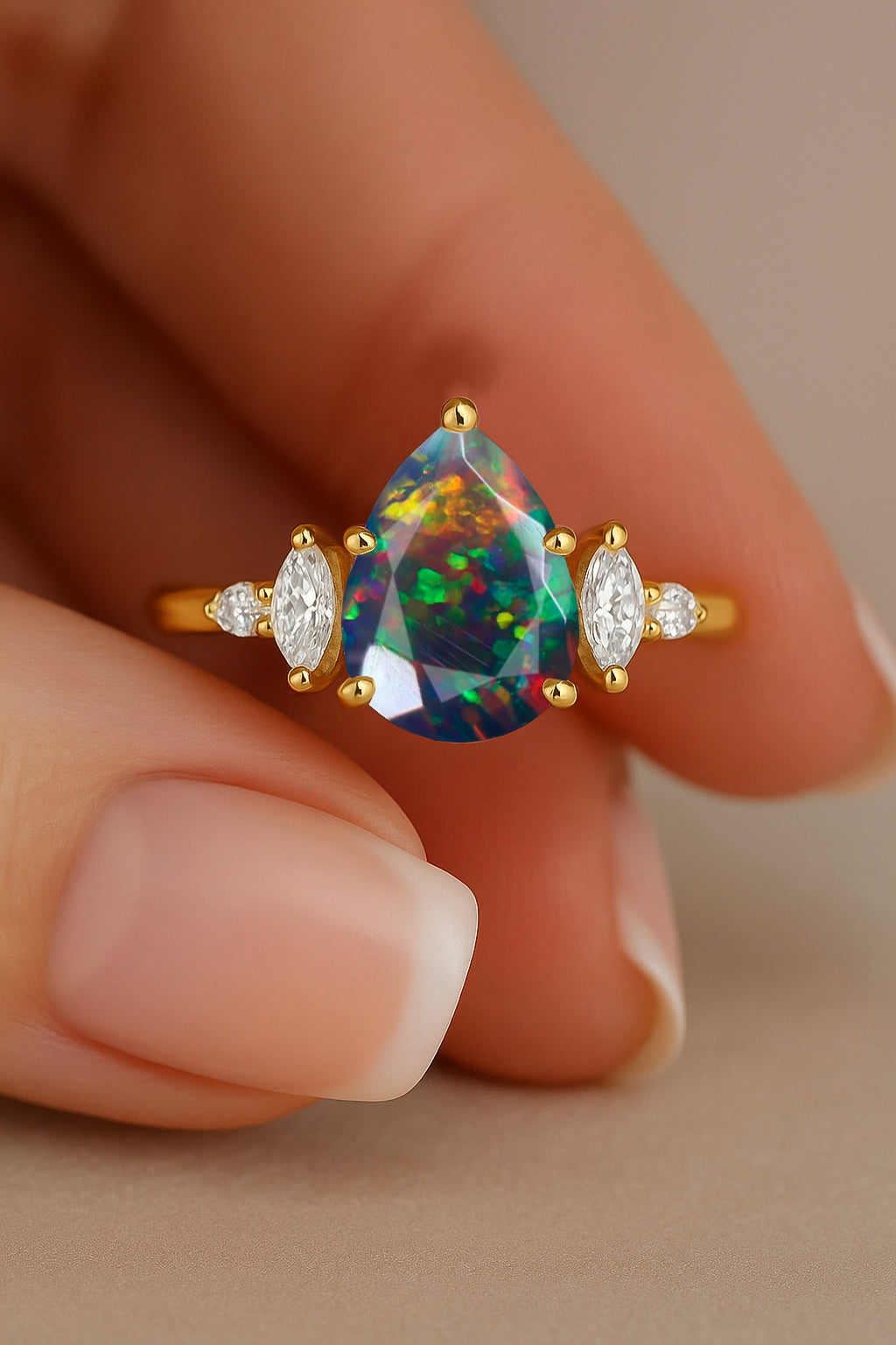 Pear Shape Fire Black Opal Solitaire Ring with Cubic Zironia