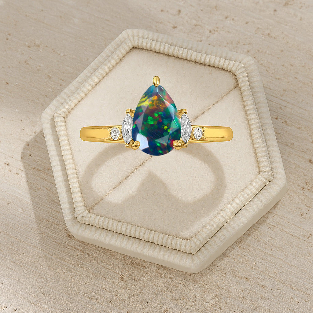 Pear Shape Fire Black Opal Solitaire Ring with Cubic Zironia