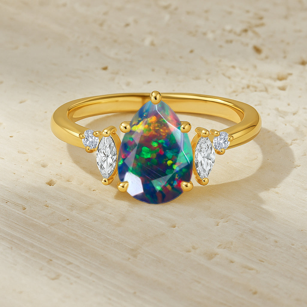 Pear Shape Fire Black Opal Solitaire Ring with Cubic Zironia