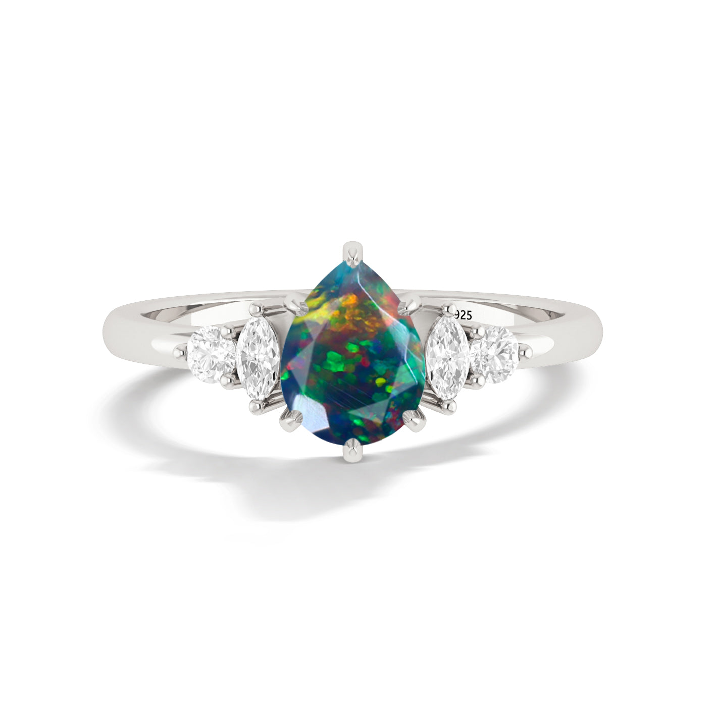 Pear Shape Fire Black Opal Solitaire Ring with Cubic Zironia