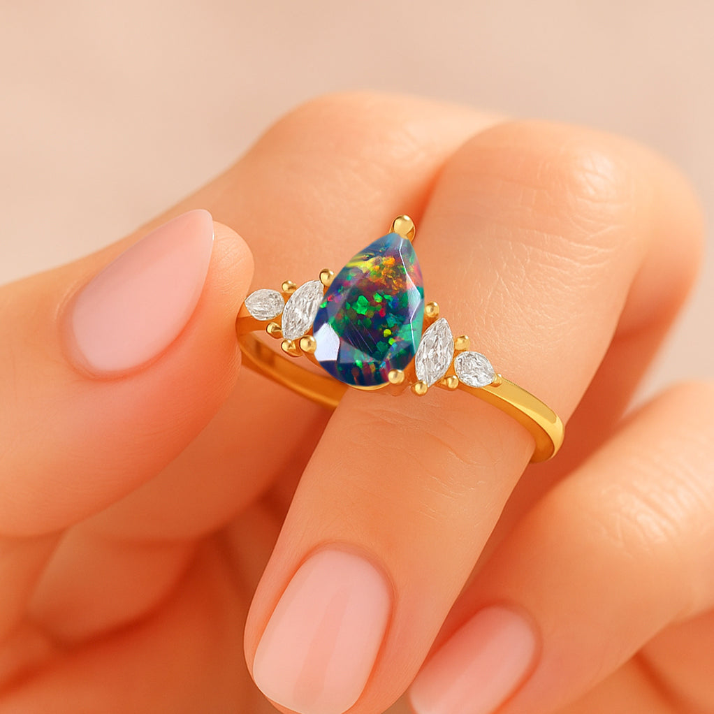 Pear Shape Fire Black Opal Solitaire Ring with Cubic Zironia