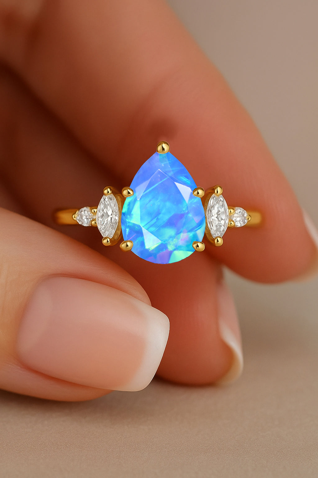 Pear Shape Fire Blue Opal Solitaire Ring with Cubic Zironia