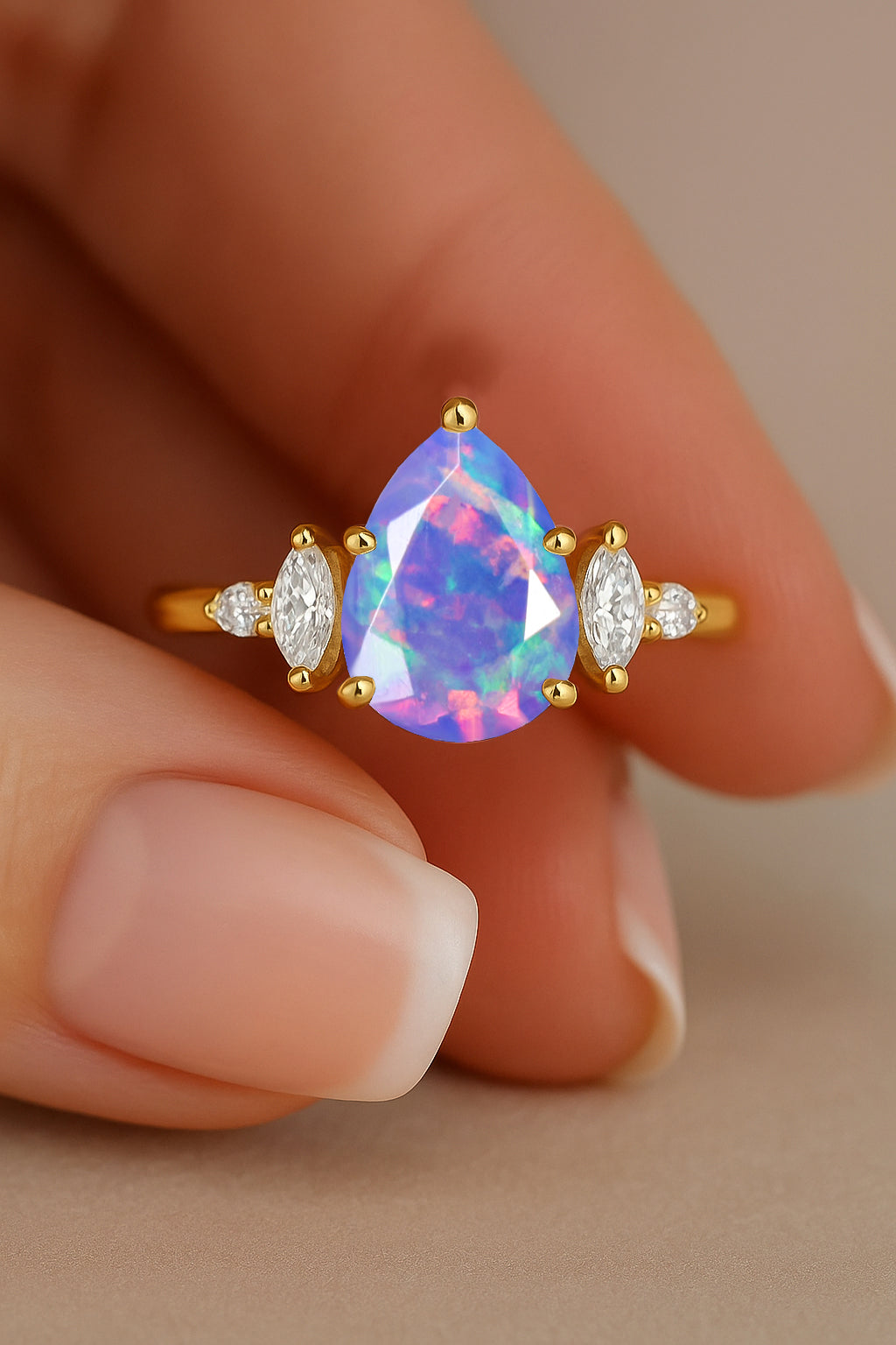 Pear Shape Fire Lavender Opal Solitaire Ring with Cubic Zironia