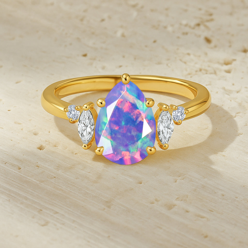 Pear Shape Fire Lavender Opal Solitaire Ring with Cubic Zironia