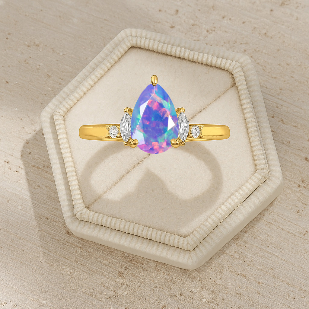 Pear Shape Fire Lavender Opal Solitaire Ring with Cubic Zironia