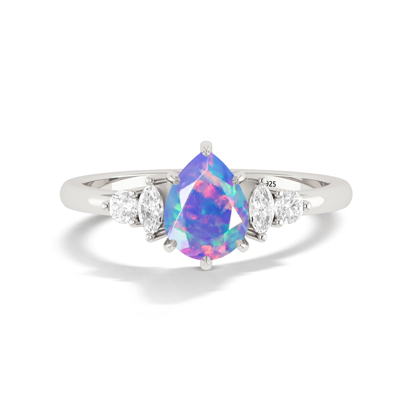 Pear Shape Fire Lavender Opal Solitaire Ring with Cubic Zironia