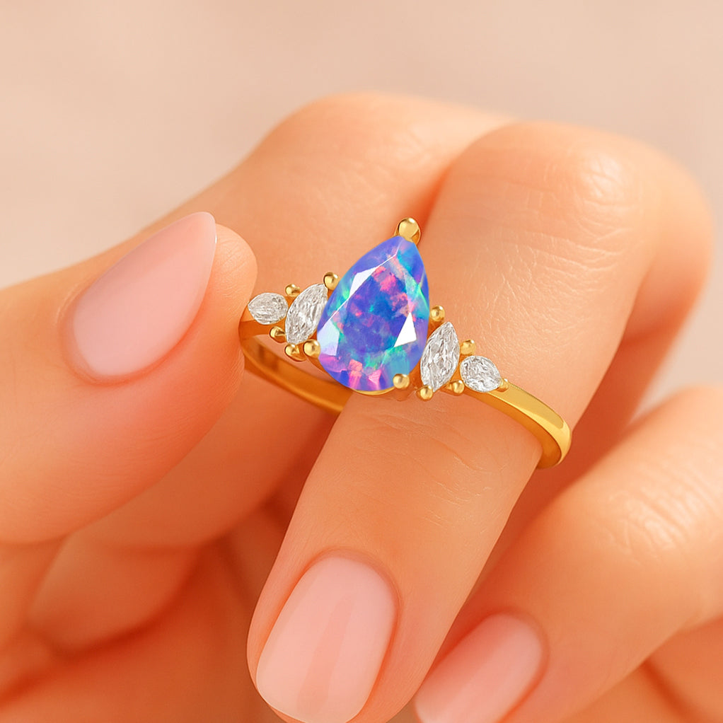 Pear Shape Fire Lavender Opal Solitaire Ring with Cubic Zironia