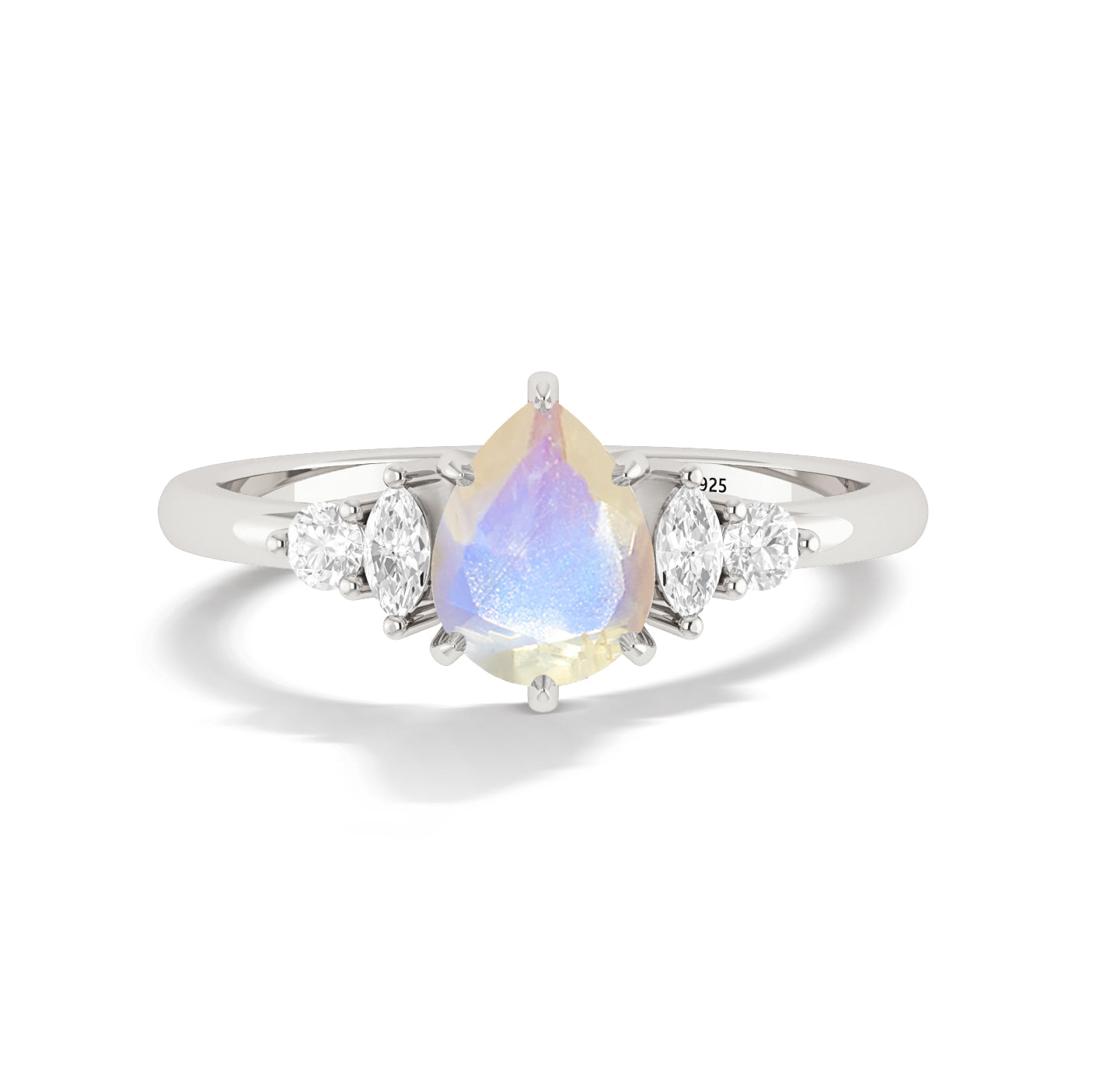 Pear Shape Rainbow Moonstone Solitaire Ring with Cubic Zironia
