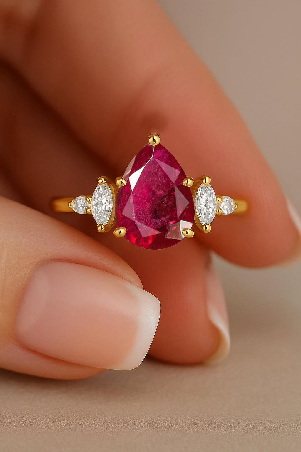 Pear Shape Ruby Solitaire Ring with Cubic Zironia