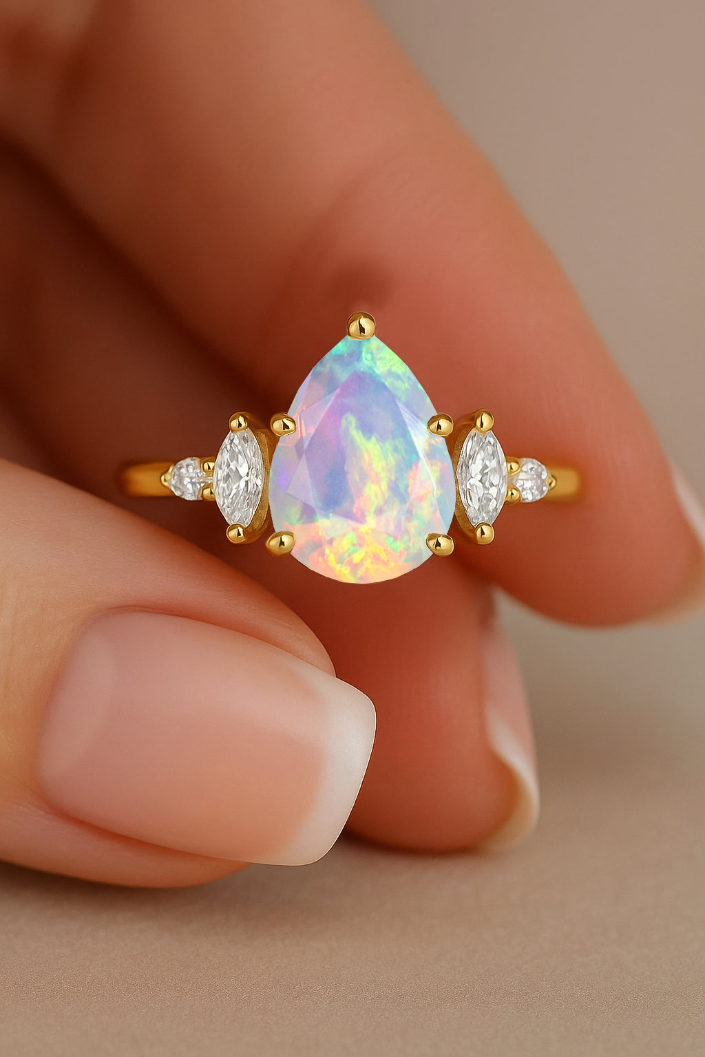 Pear Shape Fire White Opal Solitaire Ring with Cubic Zironia