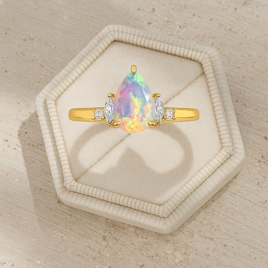 Pear Shape Fire White Opal Solitaire Ring with Cubic Zironia