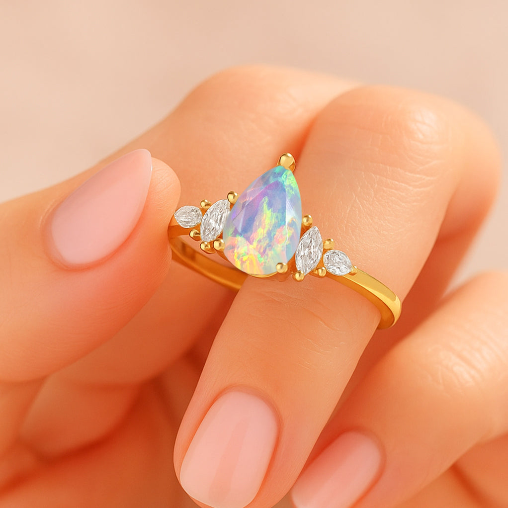 Pear Shape Fire White Opal Solitaire Ring with Cubic Zironia