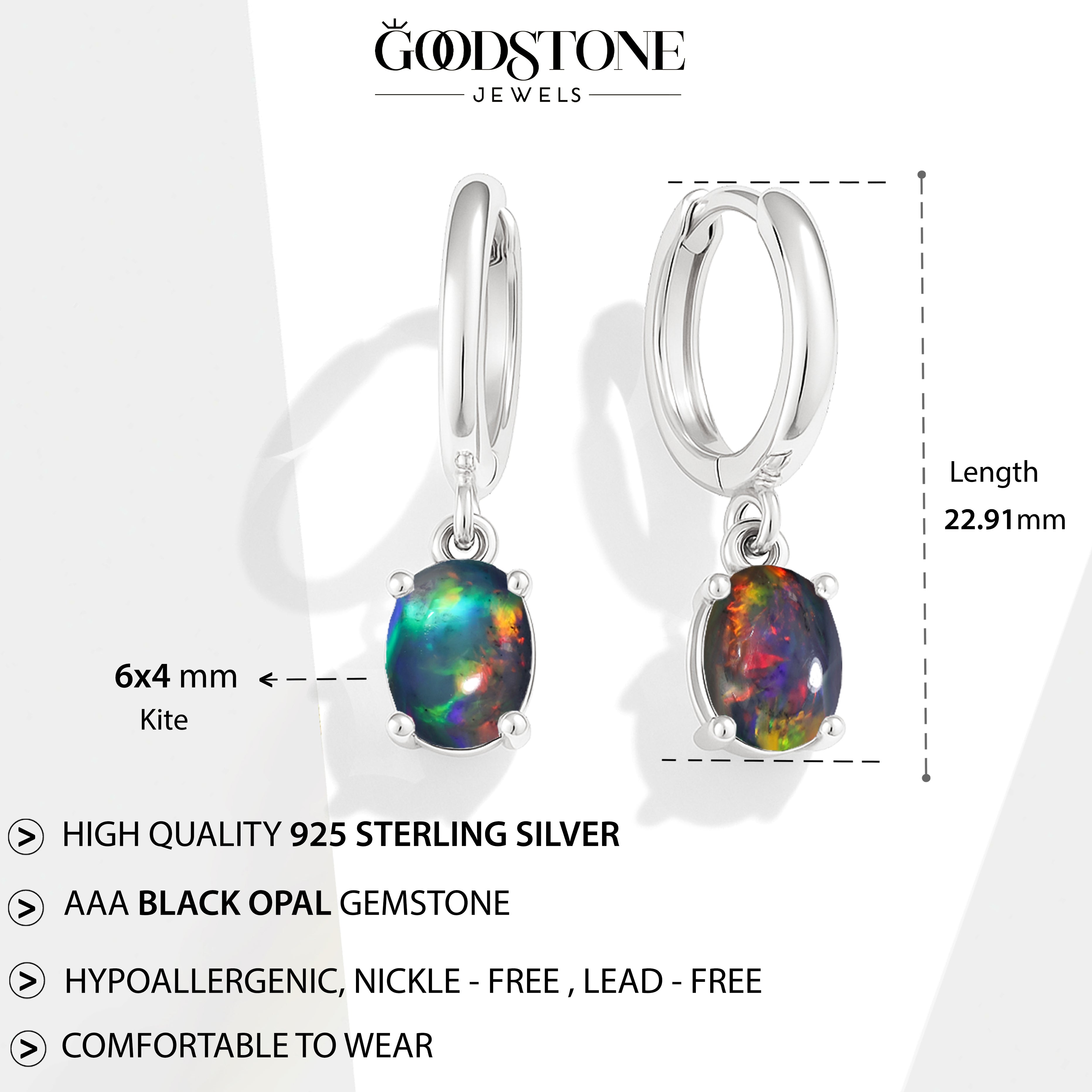 925 Sterling Silver Black Opal Oval Drop Hoop Earrings Luxury 1.80 Ct