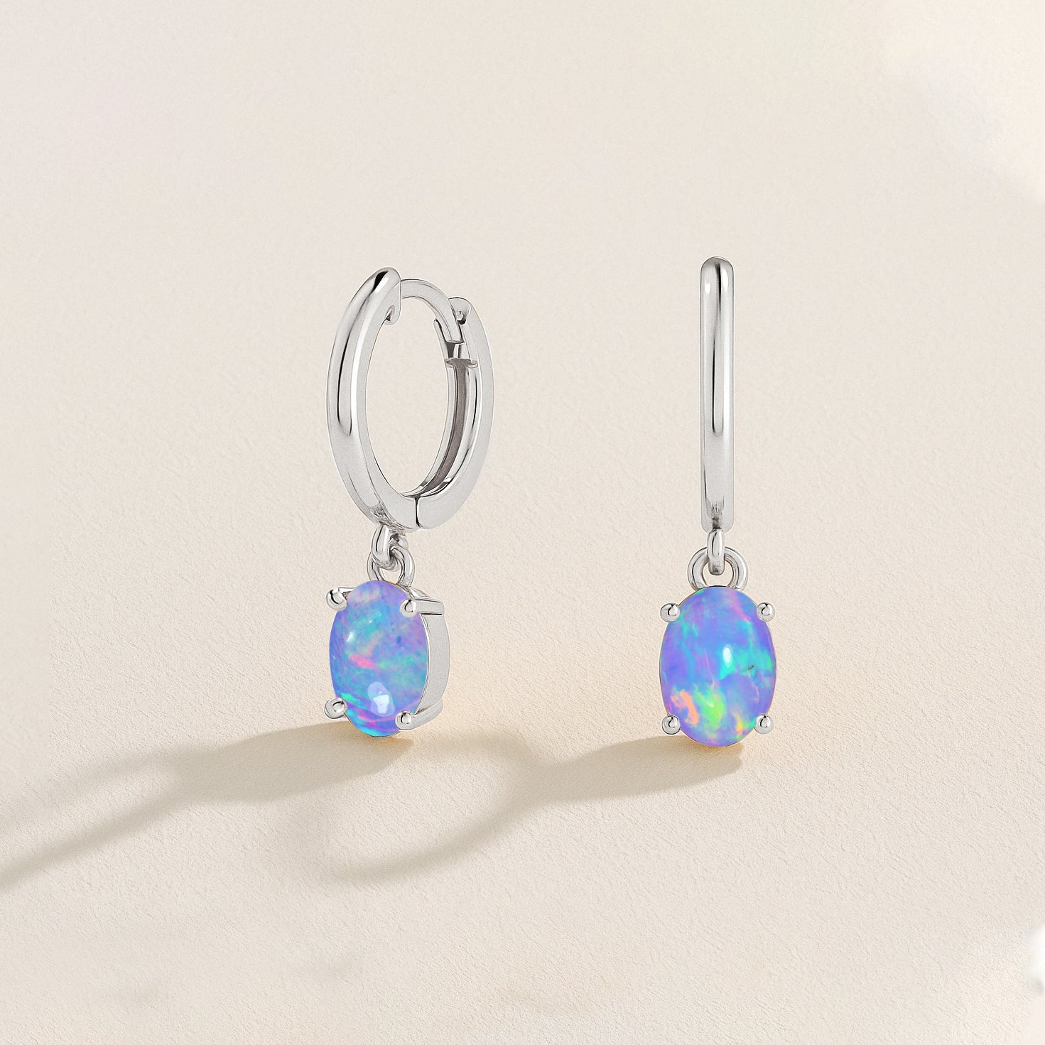 925 Sterling Silver Blue Opal Oval Drop Hoop Earrings Luxury 1.80 Ct
