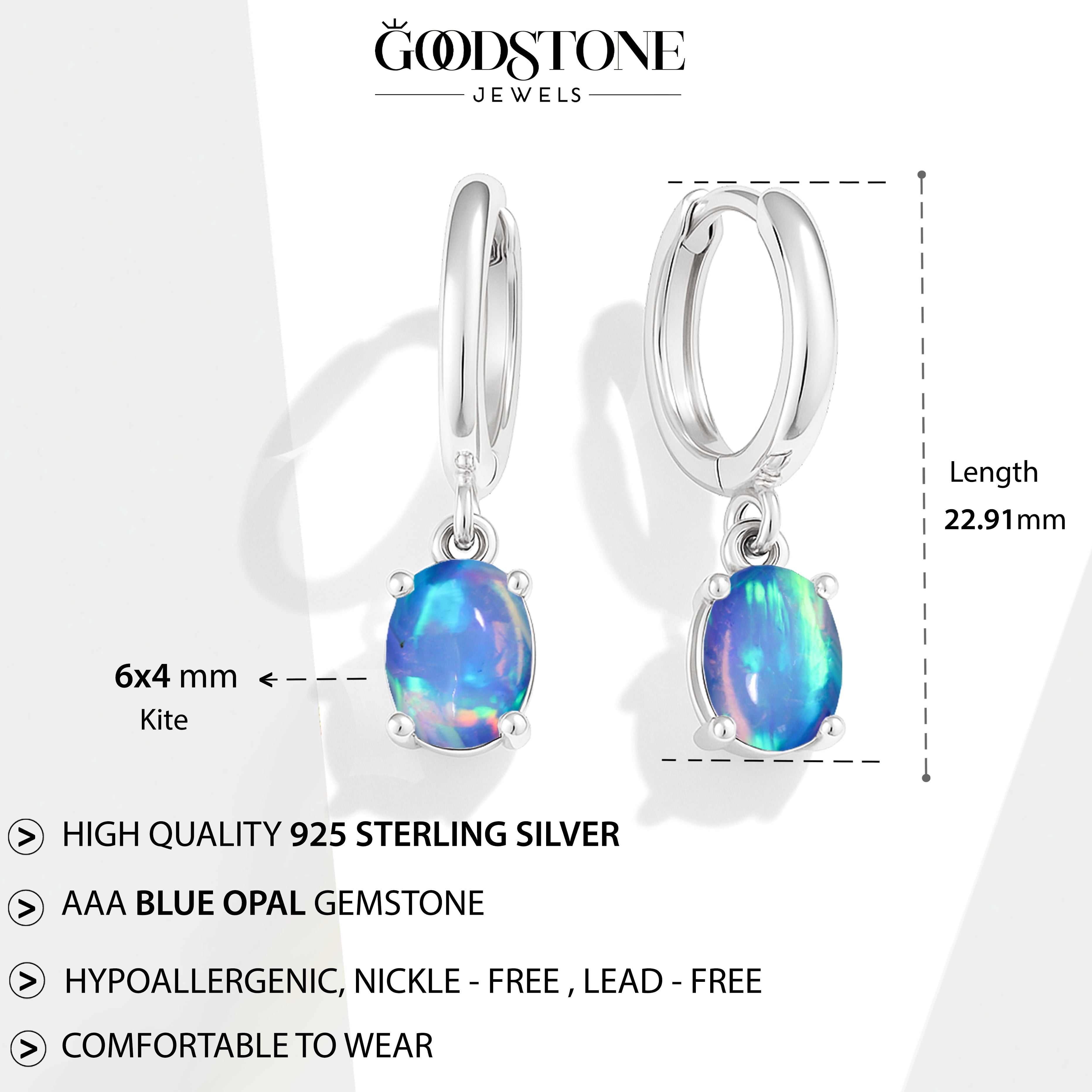 925 Sterling Silver Blue Opal Oval Drop Hoop Earrings Luxury 1.80 Ct