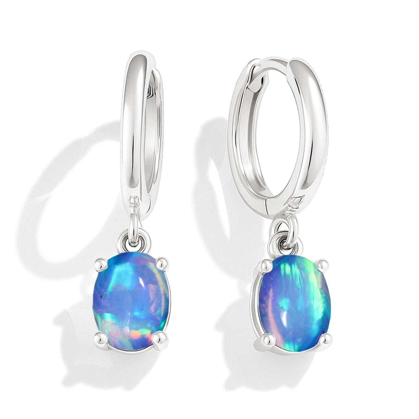 925 Sterling Silver Blue Opal Oval Drop Hoop Earrings Luxury 1.80 Ct