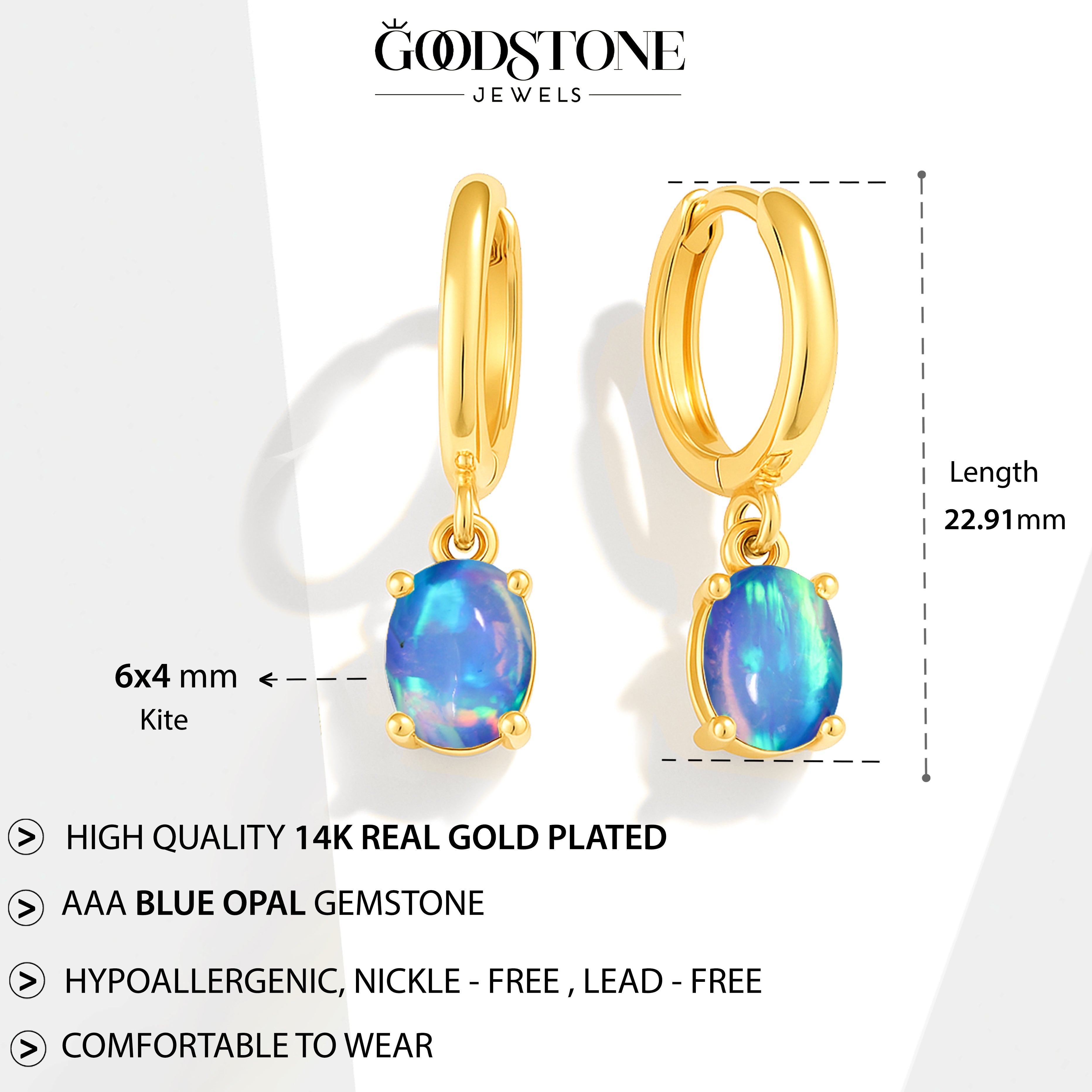 925 Sterling Silver Blue Opal Oval Drop Hoop Earrings Luxury 1.80 Ct
