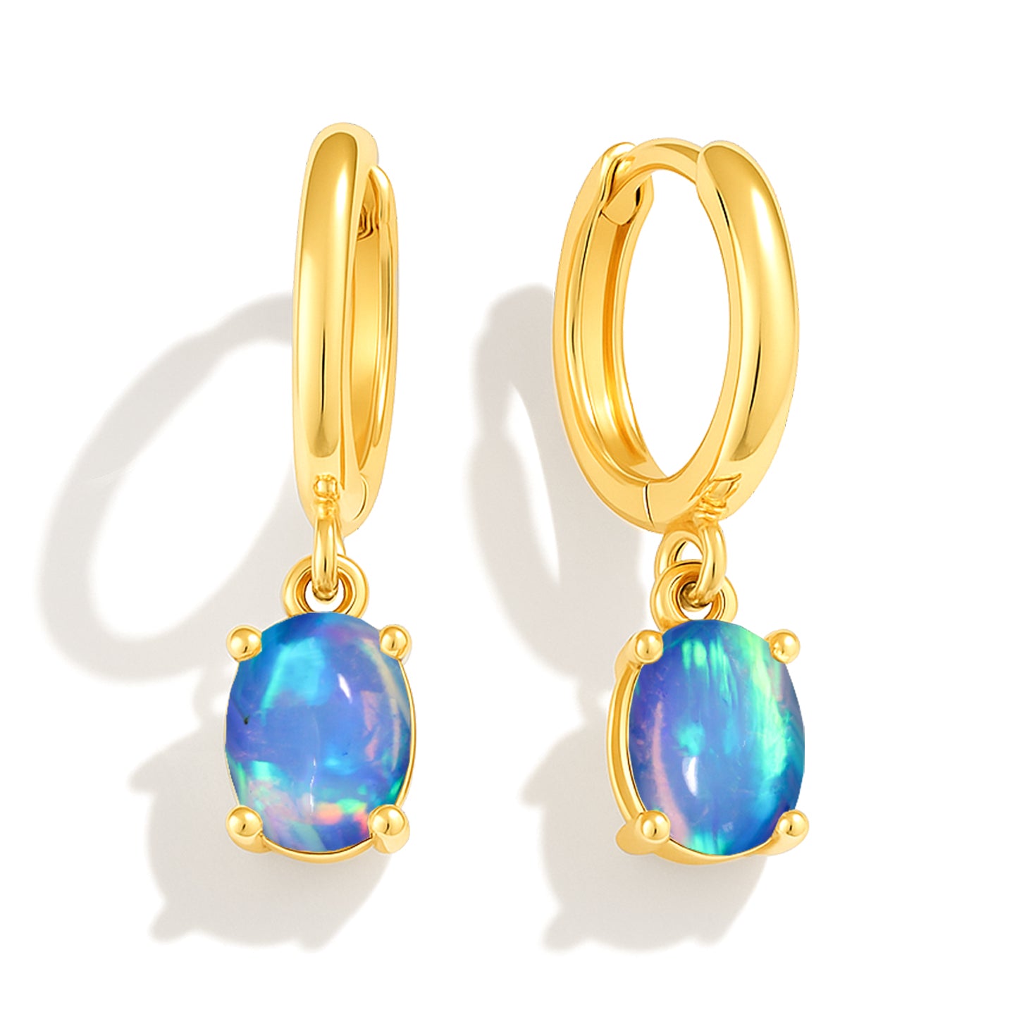 925 Sterling Silver Blue Opal Oval Drop Hoop Earrings Luxury 1.80 Ct