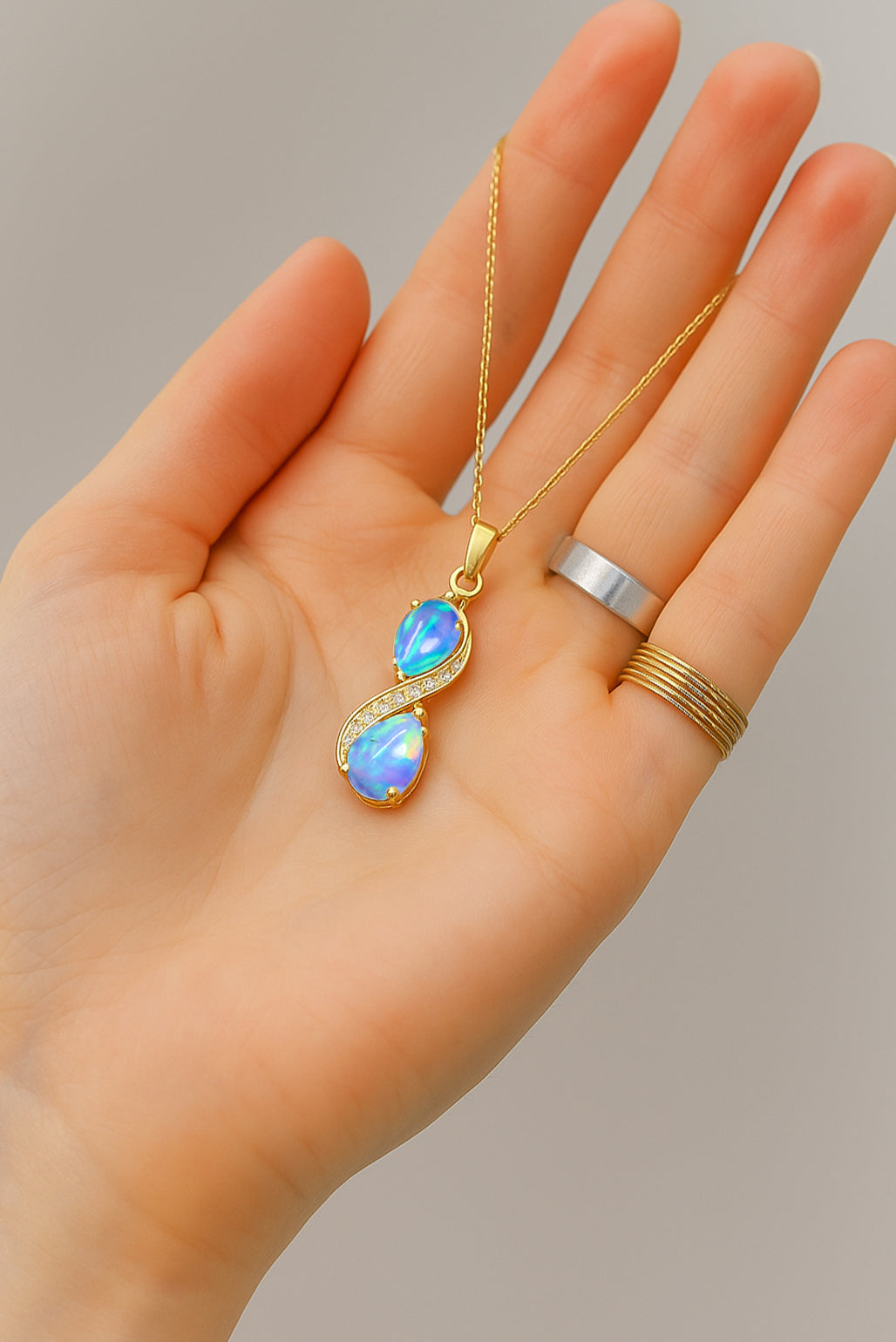 Blue Opal Pear Infinity Pendant Necklace in Premium 925 Sterling Silver