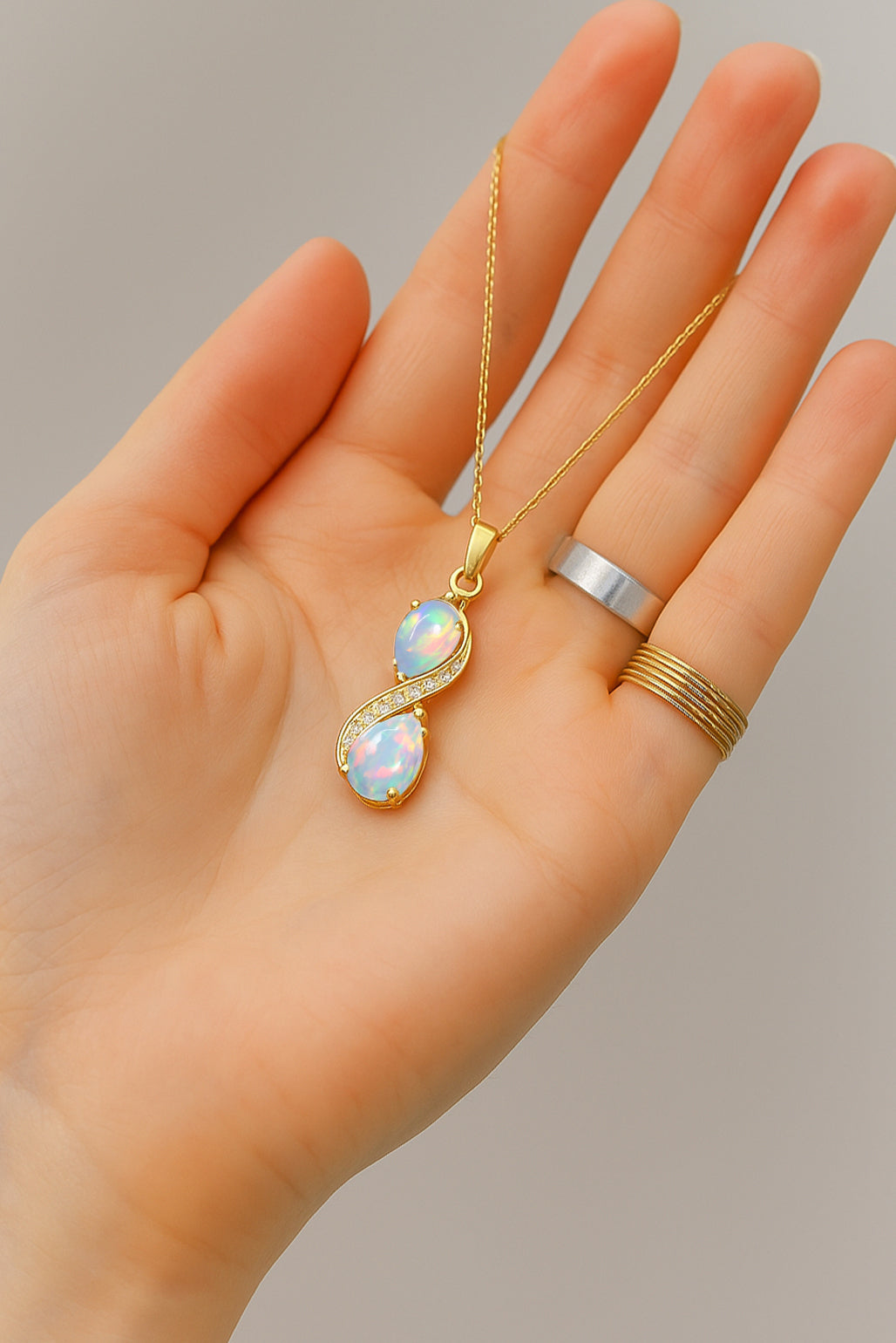 White Opal Pear Infinity Pendant Necklace in Premium 925 Sterling Silver