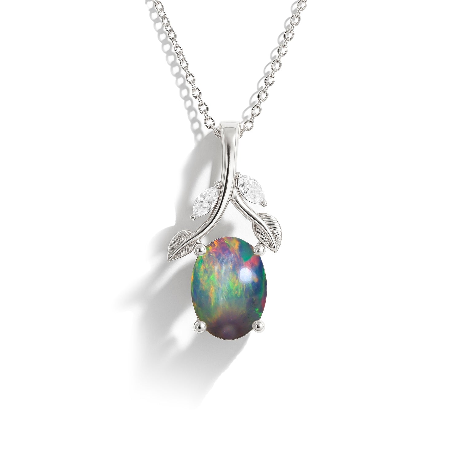 Minimalist necklace with black opal stone in silver setting, adorned with leaf and diamond details from the Delicate Oval Leaf Stone Necklace collection.