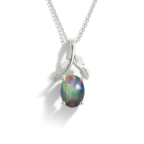 Elegant Black Opal Oval Leaf Design Pendant in 925 Silver
