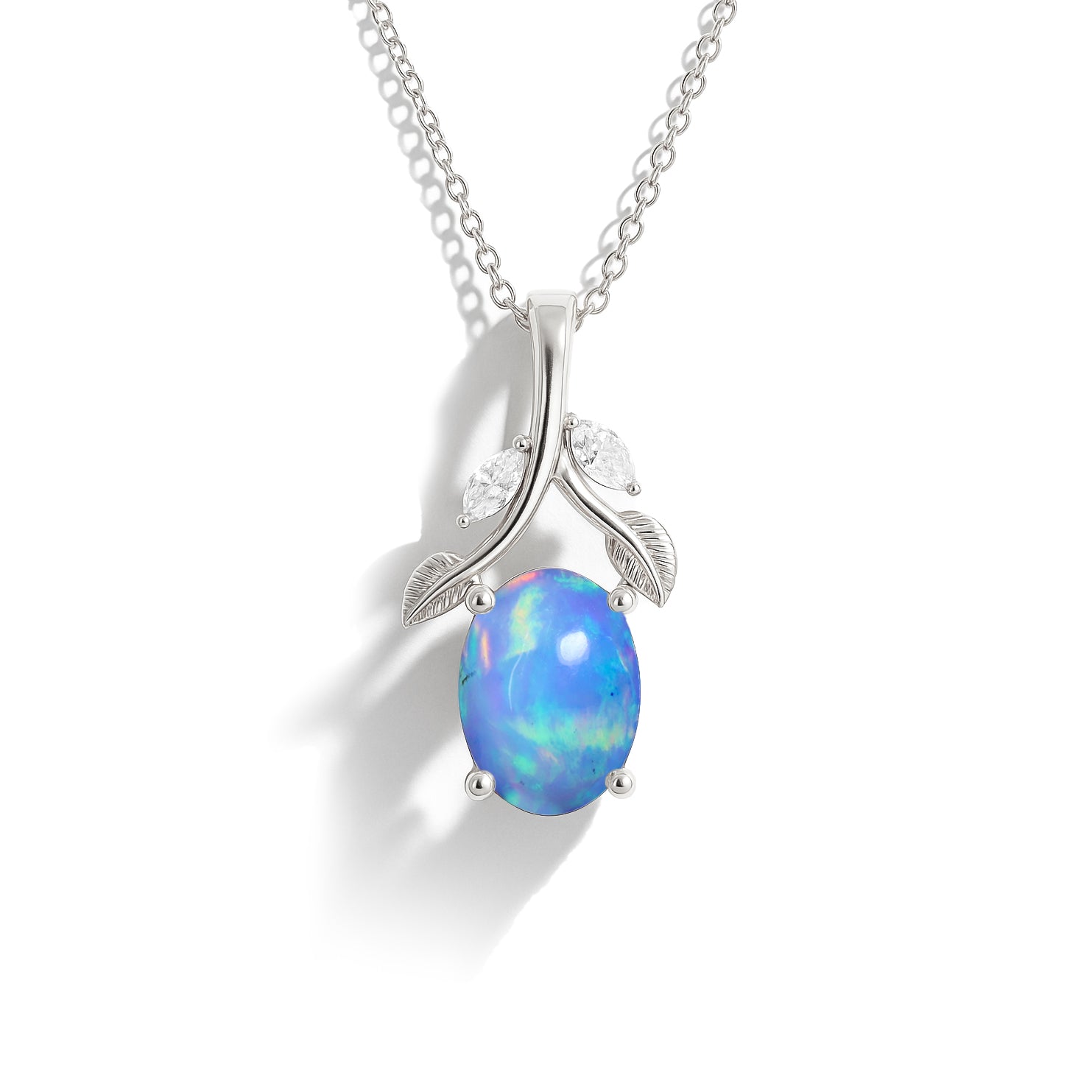 Elegant Blue Opal Oval Leaf Design Pendant in 925 Silver