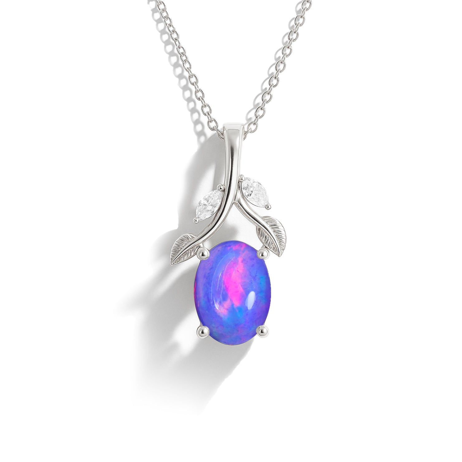 Lavender Opal Oval Leaf Pendant Necklace in sterling silver with delicate leaf accents, a minimalist Necklace nature-inspired jewelry piece for elegant styling.
