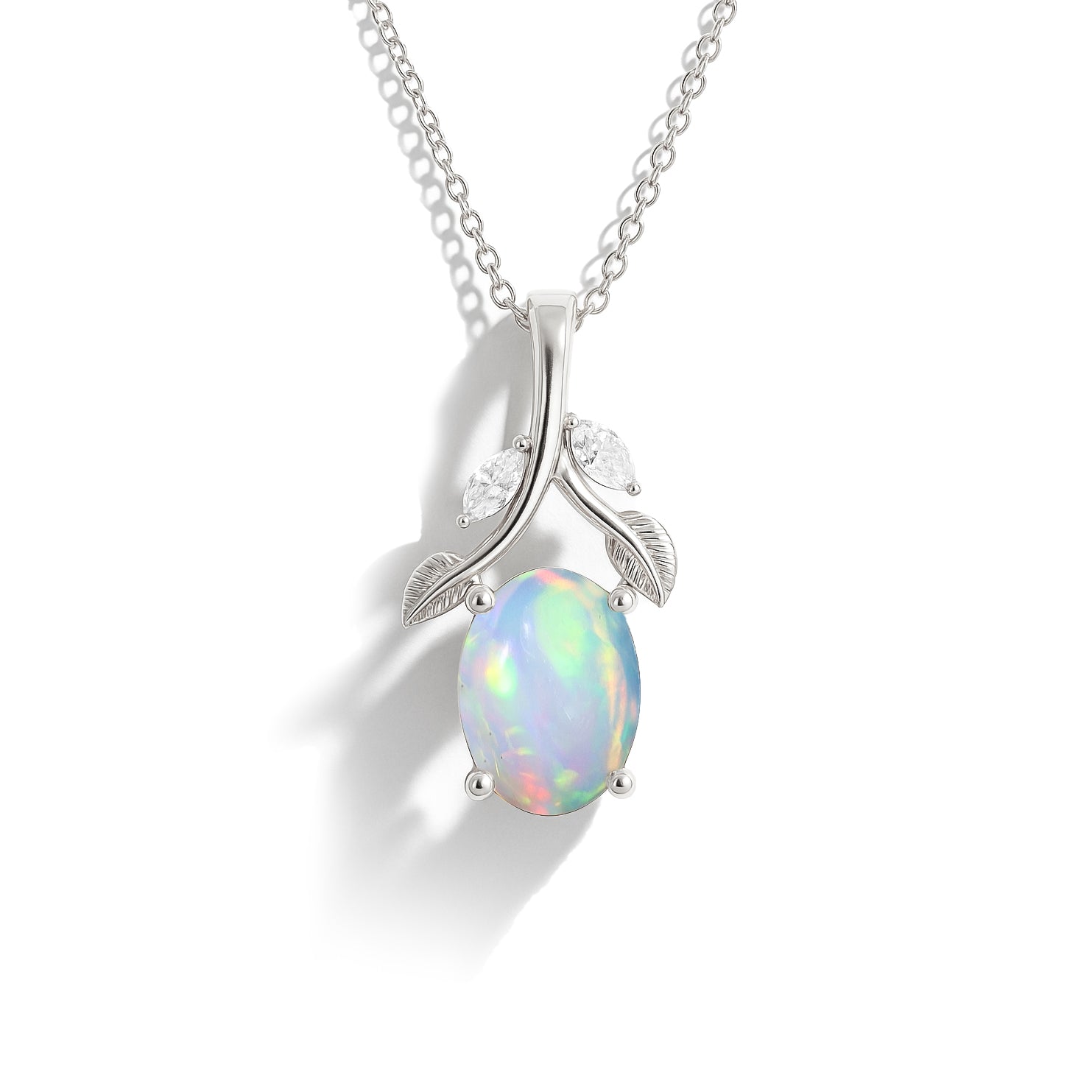 Elegant White Opal Oval Leaf Design Pendant in 925 Silver