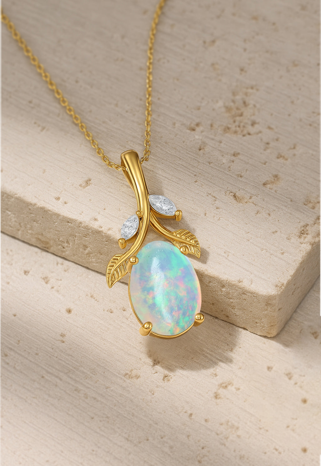 Elegant White Opal Oval Leaf Design Pendant in 925 Silver