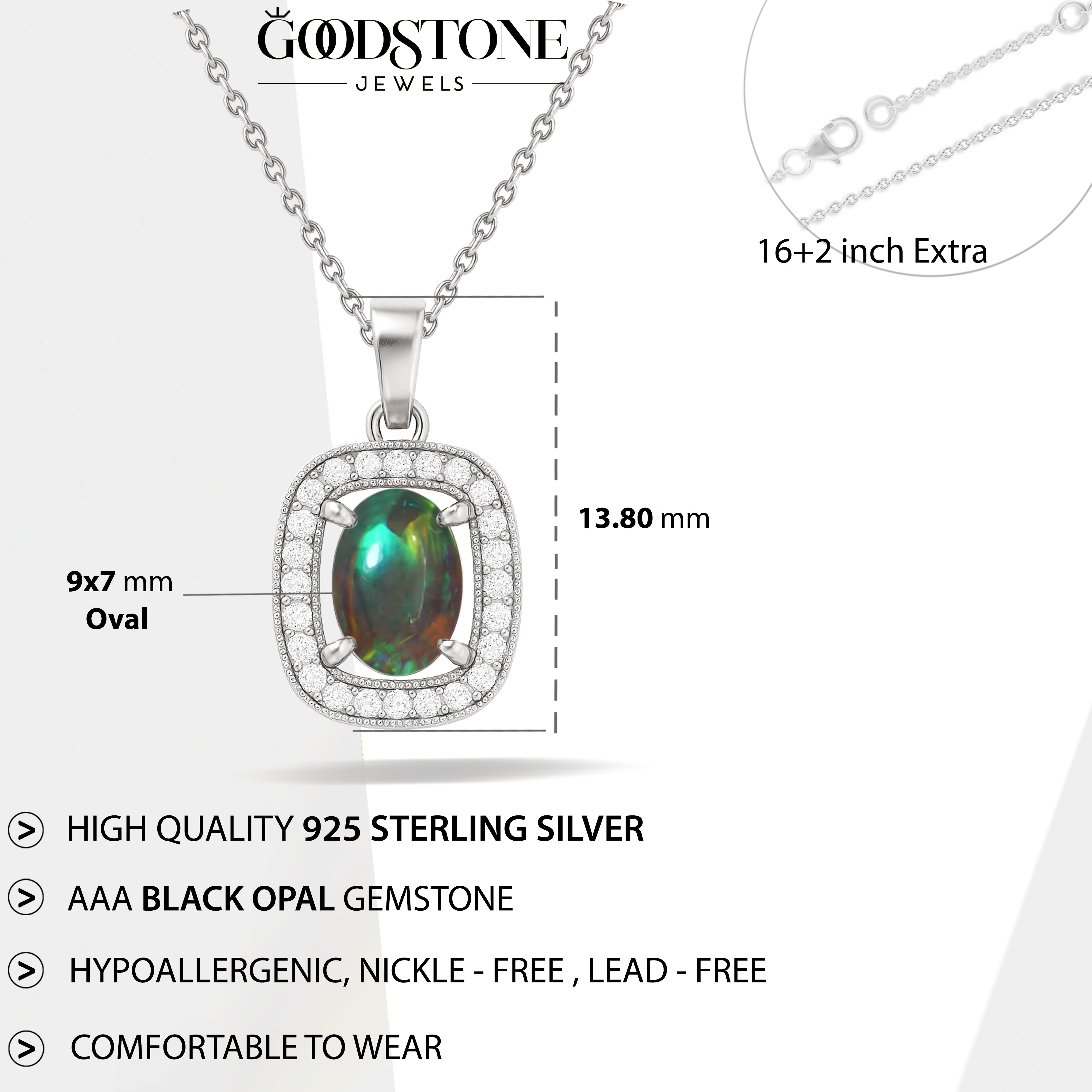 Black Opal 9x7mm Oval Halo Pendant Necklace in 925 Silver Chain