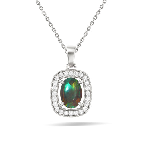 Black Opal 9x7mm Oval Halo Pendant Necklace in 925 Silver Chain