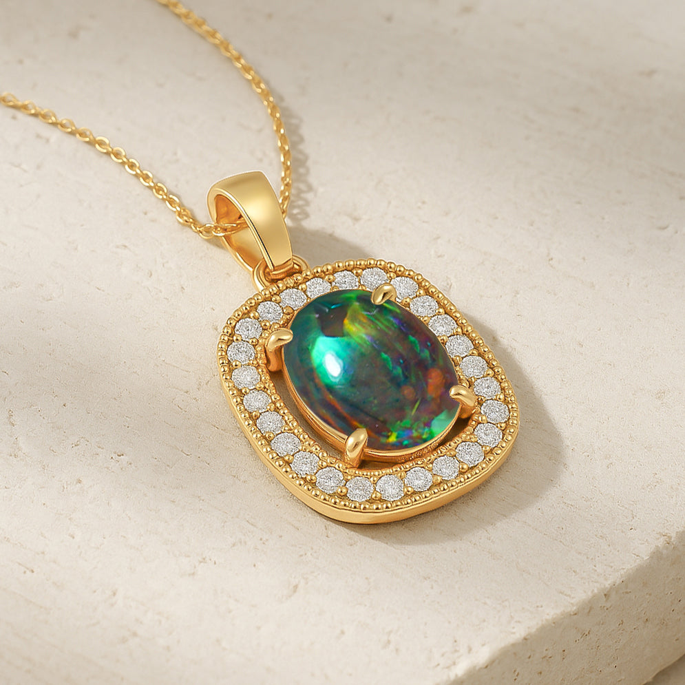 Black Opal 9x7mm Oval Halo Pendant Necklace in 925 Silver Chain