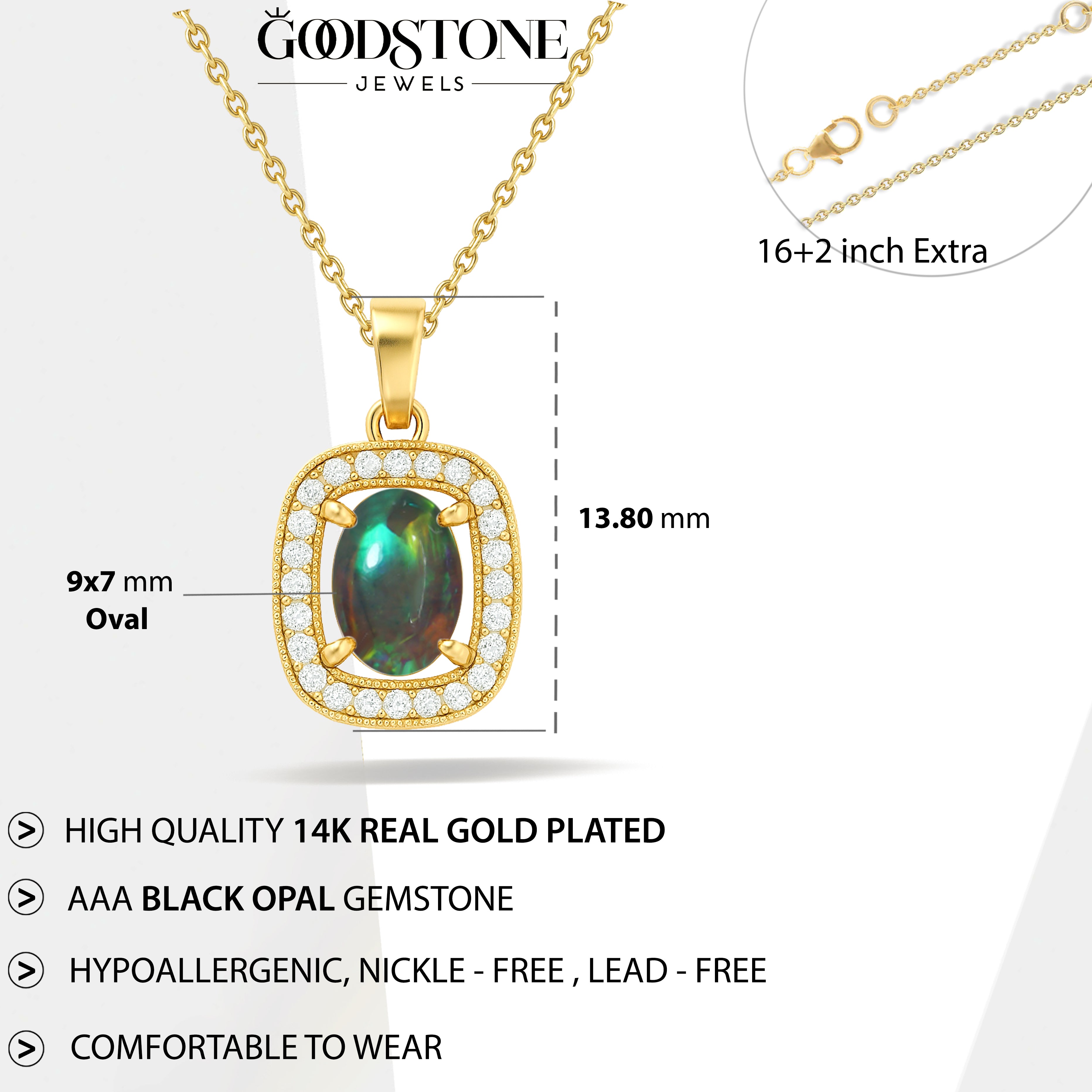 Black Opal 9x7mm Oval Halo Pendant Necklace in 925 Silver Chain