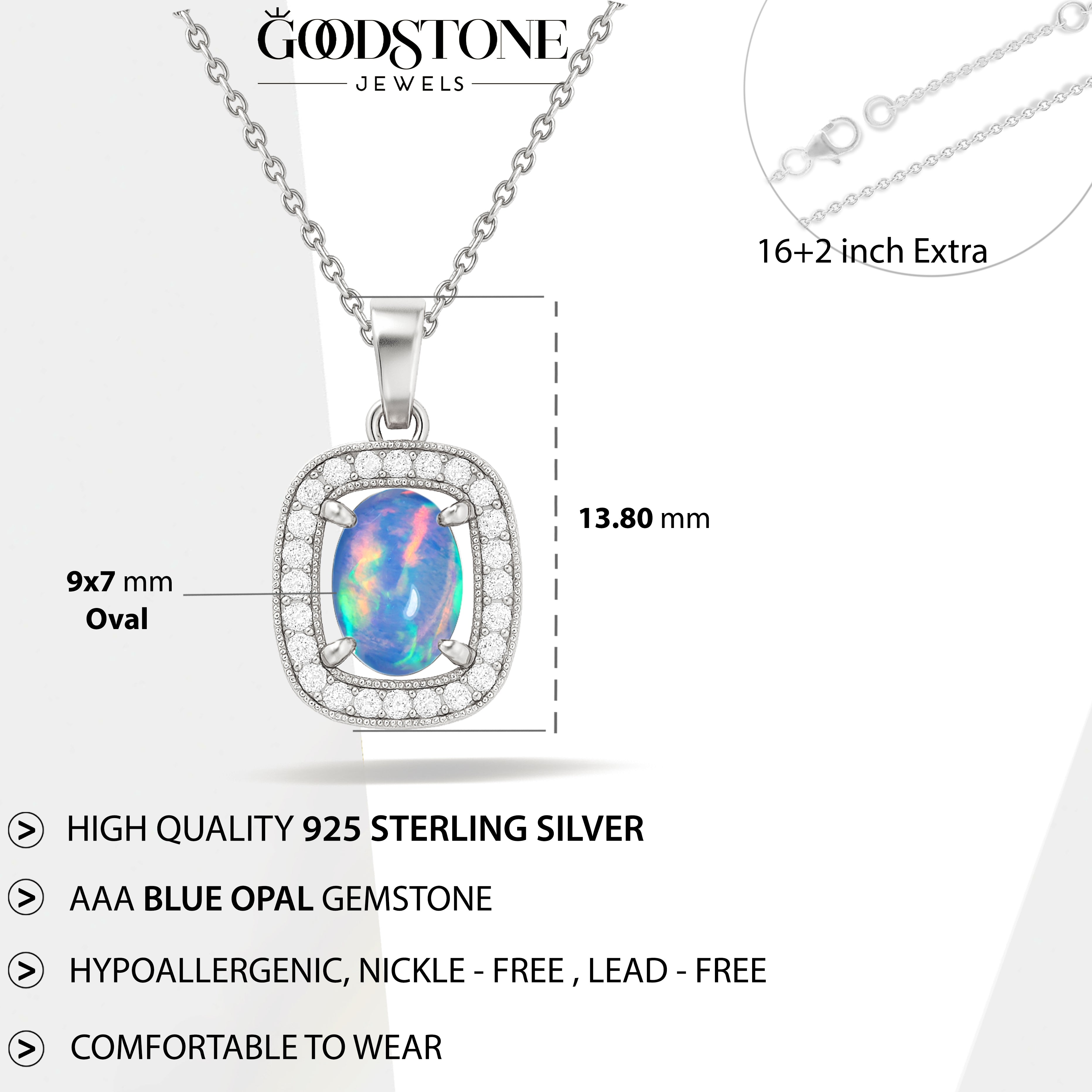 Blue Opal 9x7mm Oval Halo Pendant Necklace in 925 Silver Chain