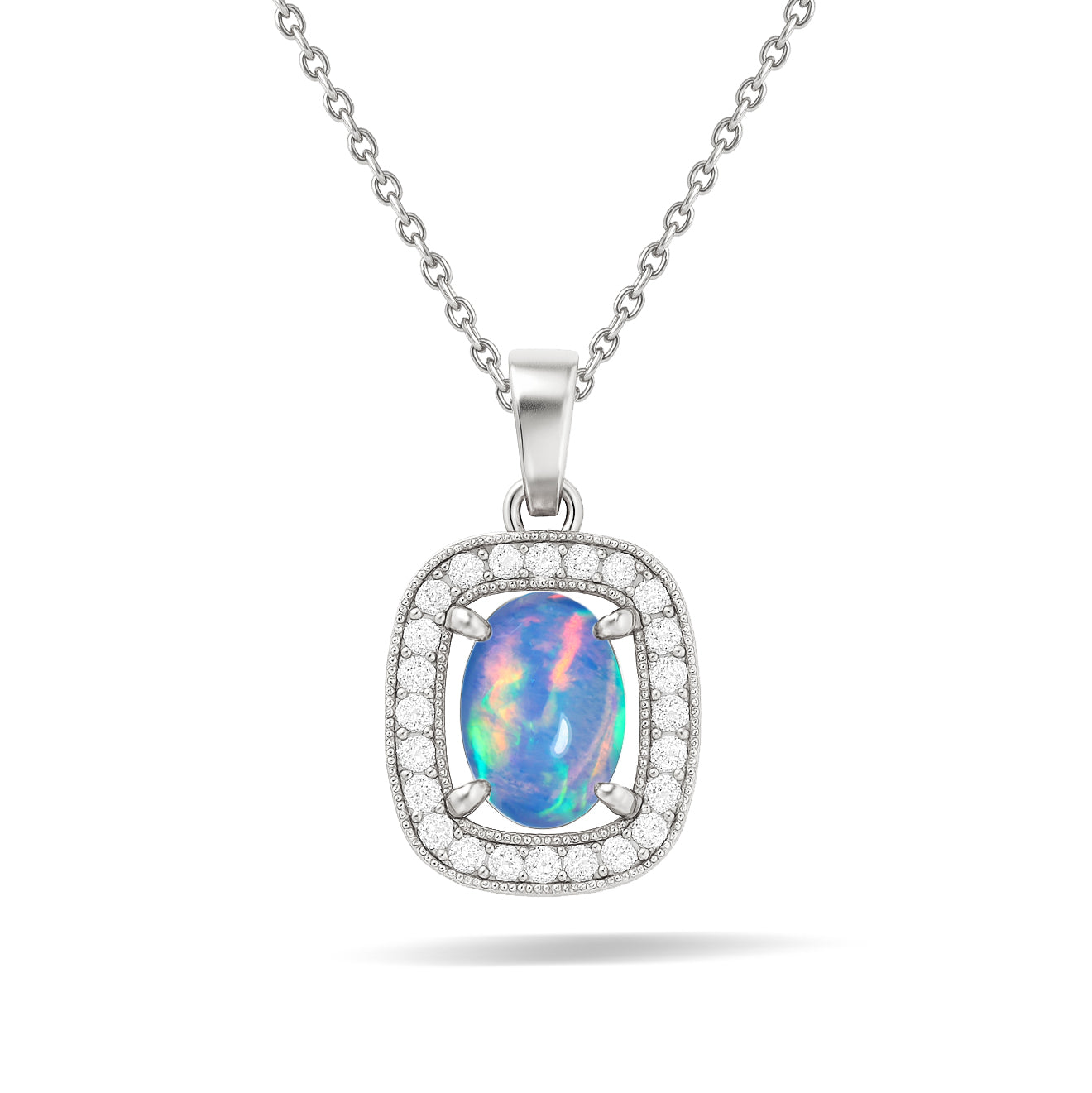 Blue Opal 9x7mm Oval Halo Pendant Necklace in 925 Silver Chain