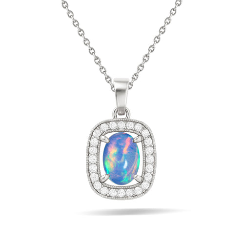 Blue Opal 9x7mm Oval Halo Pendant Necklace in 925 Silver Chain