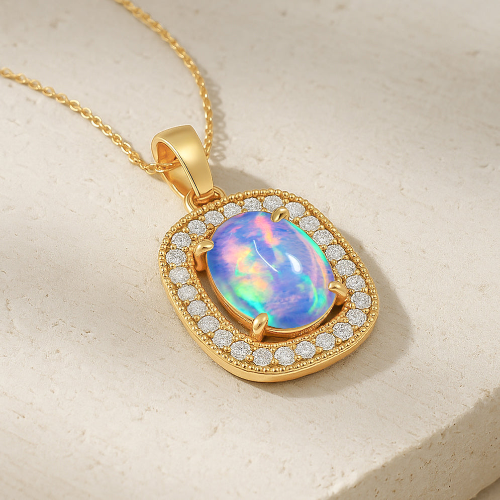 Blue Opal 9x7mm Oval Halo Pendant Necklace in 925 Silver Chain