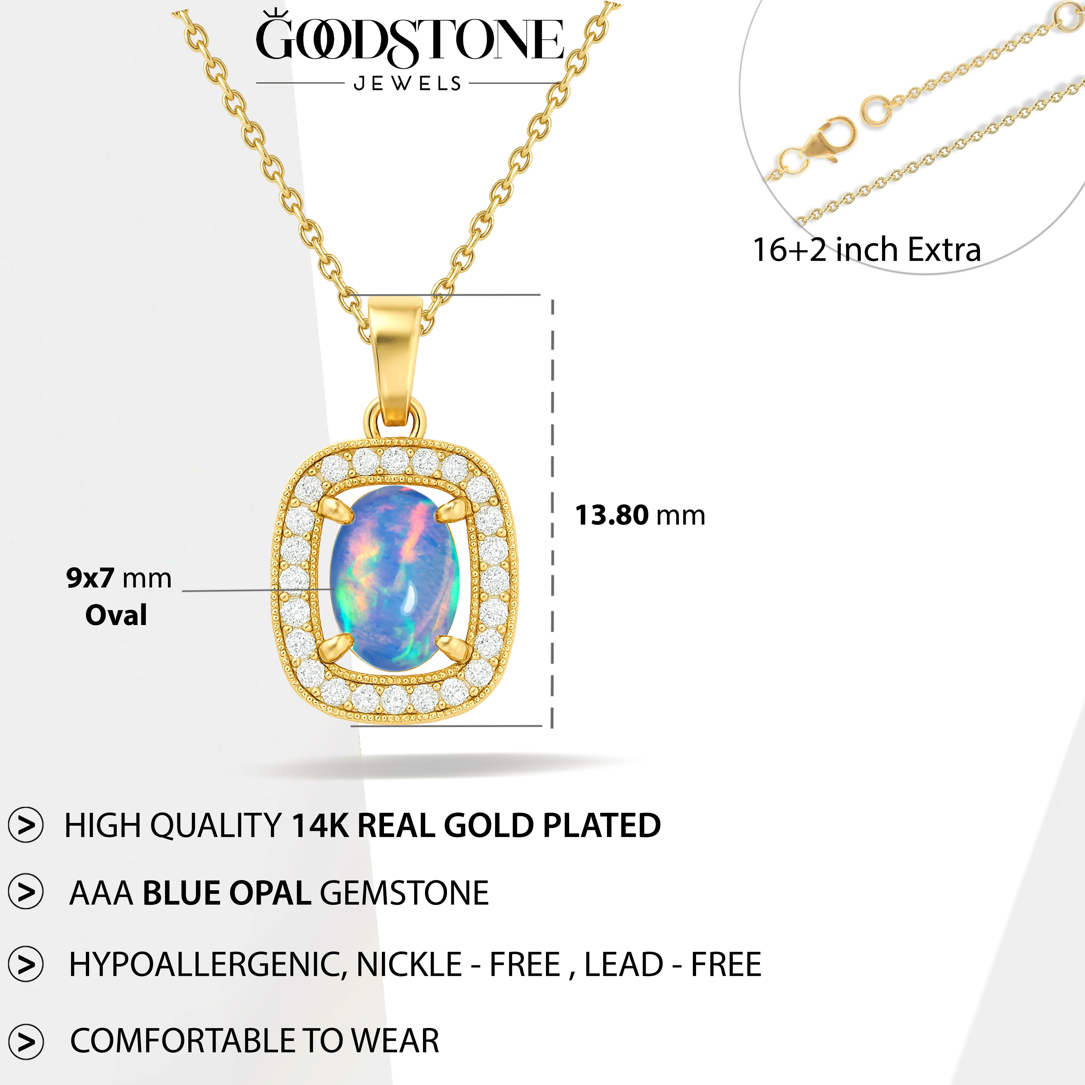 Blue Opal 9x7mm Oval Halo Pendant Necklace in 925 Silver Chain