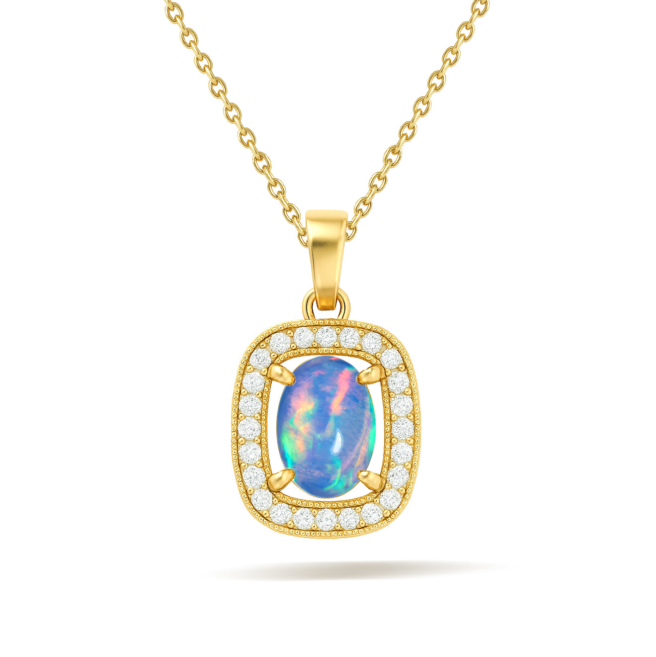 Blue Opal 9x7mm Oval Halo Pendant Necklace in 925 Silver Chain