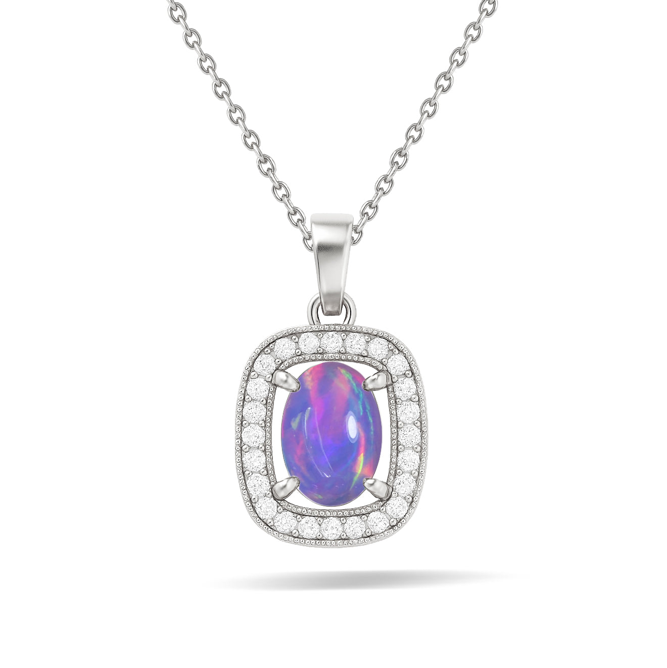 Lavender Opal 9x7mm Oval Halo Pendant Necklace in 925 Silver Chain